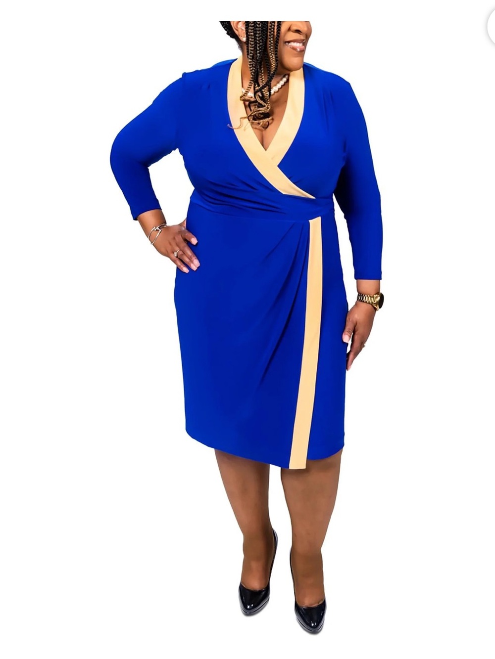Kasper Royal Blue Faux-Wrap Midi Dress with Cream Trim💙💛